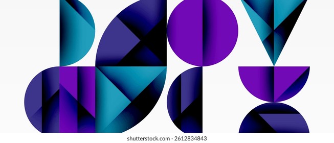 Abstract geometric composition. Shapes overlap, creating dynamic visual interest. Blue, purple gradients dominate design. Minimalist aesthetic, modern feel.