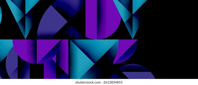 Abstract geometric composition. Shapes overlap, creating dynamic visual effect. Blue, purple hues dominate dark background. Modern design, gradient transitions present.