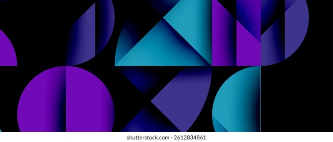 Abstract geometric composition. Shapes overlap, creating dynamic visual effect. Blue, purple gradients dominate dark background. Modern design, clean lines present.