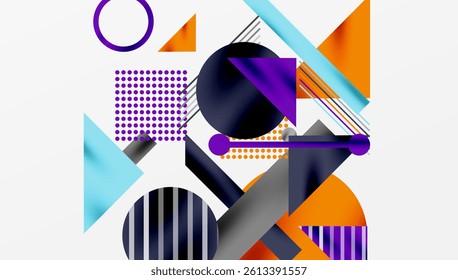 Abstract geometric composition. Shapes overlap, creating dynamic visual interest. Purple, orange, black, blue tones dominate design. Modern aesthetic, clean lines present.