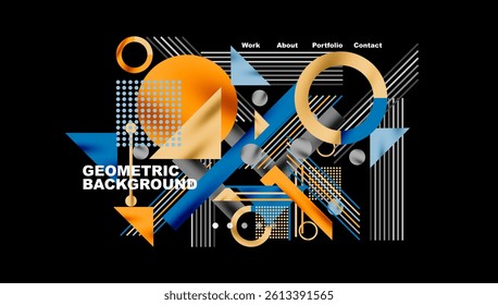 Abstract geometric composition. Shapes overlap, creating dynamic visual interest. Orange, blue, gray tones dominate dark background. Minimalist text elements present website navigation options.