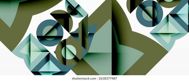 Abstract geometric composition. Shapes overlap, creating layered visual effect. Muted greens, blues dominate design. Minimalist style.