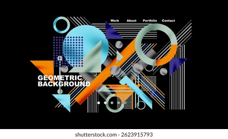 Abstract geometric composition. Shapes overlap, creating dynamic visual effect. White text highlights design elements on black background.