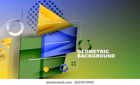 Abstract geometric composition. Shapes overlap, creating dynamic visual effect. Colors blend, forming gradient background. Modern design element.