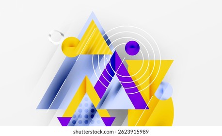 Abstract geometric composition. Shapes overlap, creating dynamic visual effect. Yellow, purple, blue tones dominate design. Modern aesthetic.