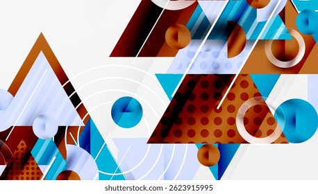 Composição geométrica abstrata. As formas se sobrepõem, criando textura visual dinâmica. Bons azuis frios contrastam com castanhos quentes, além de gradientes sutis.