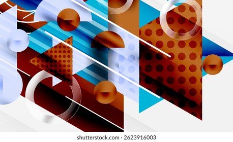 Abstract geometric composition. Shapes overlap, creating dynamic visual effect. Brown, blue, white dominate palette. Modern design.