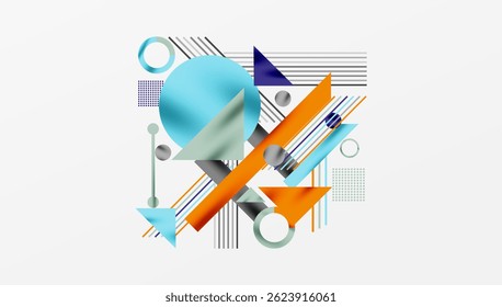 Abstract geometric composition. Shapes overlap, creating dynamic visual interest. Light blue, orange, gray dominate design. Minimalist aesthetic.