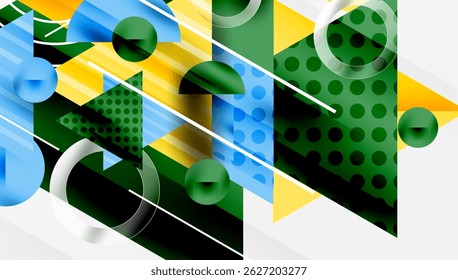 Abstract geometric composition. Shapes overlap, creating dynamic visual effect. Colors include blue, green, yellow, white.