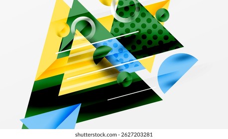 Abstract geometric composition. Shapes overlap, creating dynamic visual interest. Colors include yellow, green, blue, white. Modern design elements present.