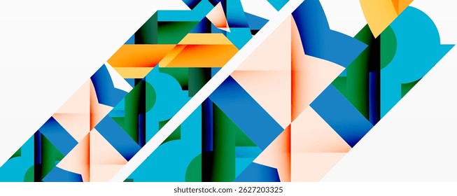 Abstract geometric composition. Shapes overlap, creating dynamic visual effect. Colors include blue, orange, green, peach. Minimalist design.