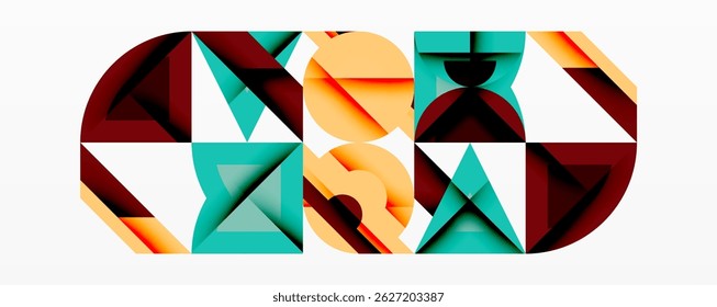Abstract geometric composition. Shapes overlap, creating dynamic visual interest. Colors include red, teal, orange, white. Minimalist design.
