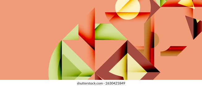 Abstract geometric composition. Shapes overlap, creating dynamic visual interest. Warm color palette dominates design.