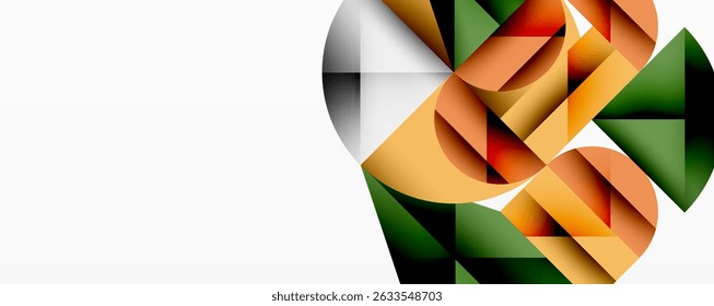 Abstract geometric composition. Shapes overlap, creating dynamic visual interest. Colors include orange, green, red, white. Modern design.