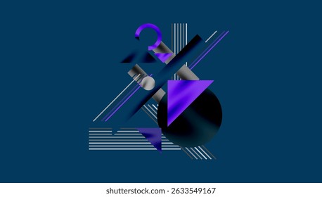 Abstract geometric composition. Shapes overlap, creating dynamic visual interest. Dark blue background enhances purple, black elements.