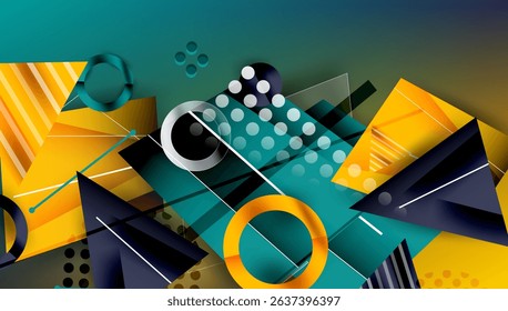 Abstract geometric composition. Shapes overlap, creating dynamic visual interest. Yellow, teal, gray dominate palette. Modern design.