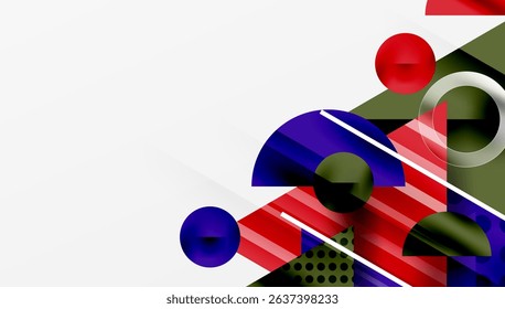 Abstract geometric composition. Shapes overlap, creating dynamic visual interest. Colors include red, blue, green, white, silver. Modern design.