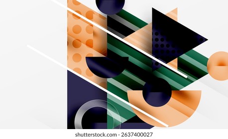 Abstract geometric composition. Shapes overlap, creating dynamic visual interest. Colors include orange, navy, green, white. Modern design elements present.