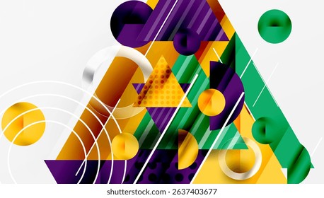 Abstract geometric composition. Shapes overlap, creating dynamic visual interest. Colors include purple, gold, green, orange. Modern design.