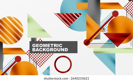 Abstract geometric composition. Shapes overlap, creating dynamic visual interest. Colors include orange, red, blue, green. Modern design elements present.