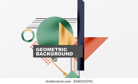 Abstract geometric composition. Shapes overlap, creating dynamic visual interest. Colors include teal, orange, red, navy. Modern design elements present.