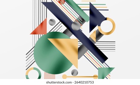 Abstract geometric composition. Shapes overlap, creating dynamic visual interest. Colors include green, blue, orange, gray. Lines suggest movement.