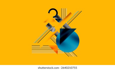 Abstract geometric composition. Shapes overlap, creating dynamic visual interest. Yellow background dominates design. Lines suggest movement, depth.
