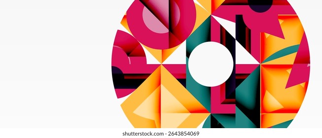 Abstract geometric composition. Shapes overlap, creating vibrant colorful circular design. White space dominates left side.
