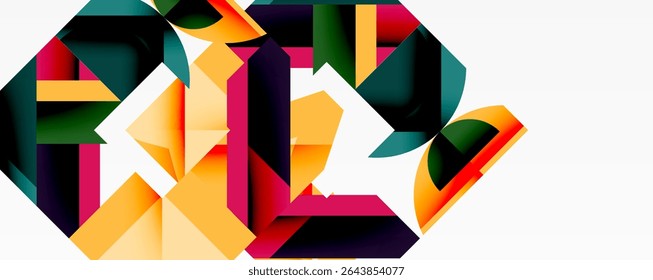 Abstract geometric composition. Shapes overlap, creating dynamic visual effect. Colors include orange, green, purple, dark tones. Modern design.