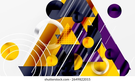 Abstract geometric composition. Shapes overlap, creating dynamic visual interest. Yellows, purples dominate design. Modern aesthetic.