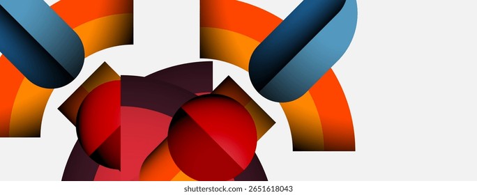 Abstract geometric composition. Shapes overlap, creating dynamic visual interest. Red, orange, blue hues dominate design. Minimalist style.