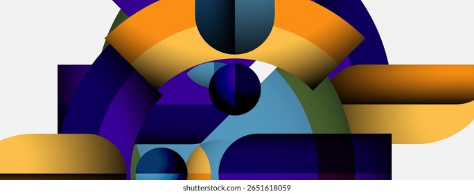 Abstract geometric composition. Shapes overlap, creating dynamic visual effect. Colors blend, offering modern aesthetic.