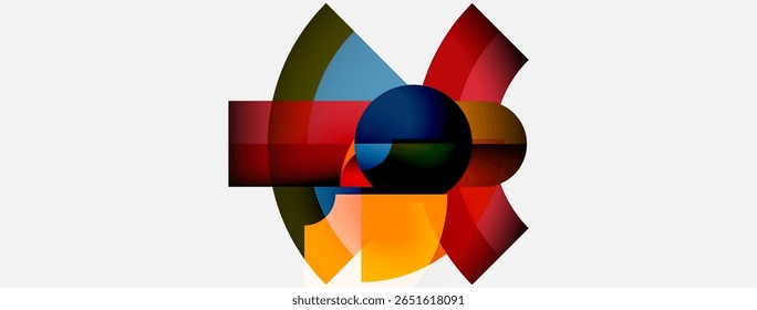 Abstract geometric composition. Shapes overlap, creating vibrant color blends. Central dark circle anchors design. Modern, dynamic visual.