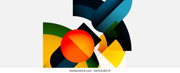 Abstract geometric composition. Shapes overlap, creating dynamic visual interest. Colors include orange, yellow, green, blue, dark tones.