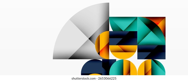 Composição geométrica abstrata. As formas se sobrepõem, criando interesse visual dinâmico. As cores incluem azul, laranja, azul-petróleo, cinza. Design moderno.