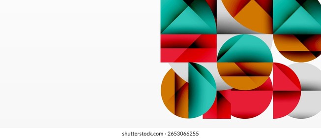 Composição geométrica abstrata. As formas se sobrepõem, criando padrões coloridos. Design minimalista com espaço em branco. Estética moderna.