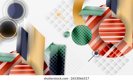 Composição geométrica abstrata. As formas se sobrepõem, criando interesse visual dinâmico. As cores incluem vermelho, verde, azul, bege. Elementos de design modernos presentes.