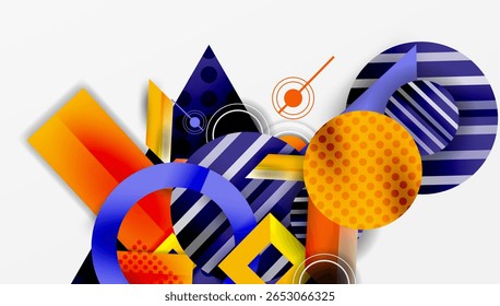 Abstract geometric composition. Shapes overlap, creating dynamic visual experience. Bright colors dominate design.