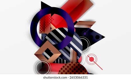 Abstract geometric composition. Shapes overlap, creating dynamic visual interest. Red, black, white dominate design. Modern aesthetic.