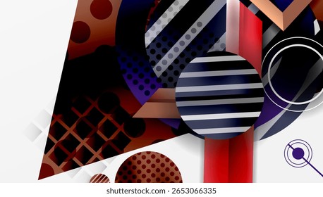 Composição geométrica abstrata. As formas se sobrepõem, criando interesse visual dinâmico. Vermelho, azul, cinza dominar paleta. Design moderno.
