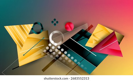 Composición geométrica Abstractas. Las Formas se superponen, creando un efecto visual dinámico. Los Colores se mezclan, formando un fondo degradado. Elementos de diseño modernos presentes.