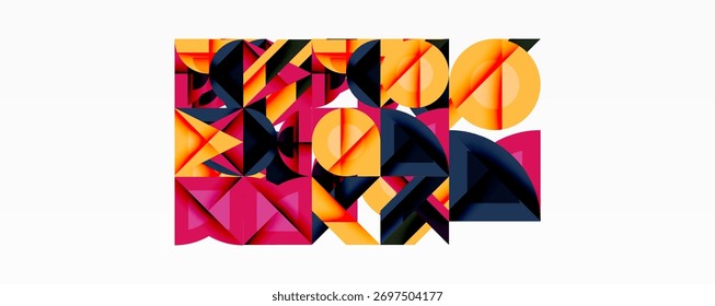 Abstract geometric composition. Shapes overlap, creating vibrant color contrasts. Modern design, dynamic patterns, visual complexity.