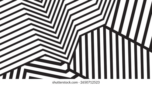 Abstract geometric composition showcasing intersecting black and white stripes forming angular, dynamic shapes, creating a bold and visually stimulating background or design element