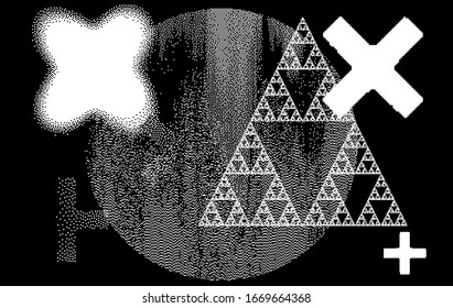 Abstrakte geometrische Komposition mit sierpinski Dreieck und Kreuzen auf dunklem Hintergrund. Pixel Art Stil.