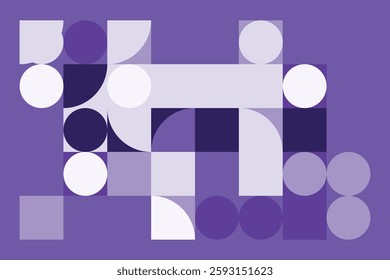 An abstract geometric composition with squares, circles, and semi-circles in various shades of purple. The structured yet dynamic arrangement creates a modern, futuristic, and artistic visual.