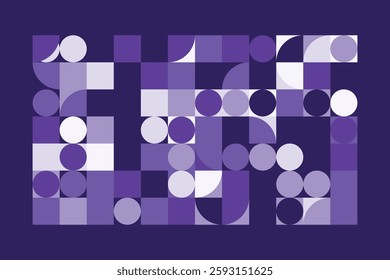 An abstract geometric composition with squares, circles, and semi-circles in various shades of purple. The structured yet dynamic arrangement creates a modern, futuristic, and artistic visual.