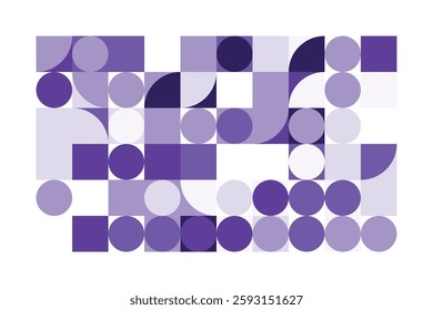 An abstract geometric composition with squares, circles, and semi-circles in various shades of purple. The structured yet dynamic arrangement creates a modern, futuristic, and artistic visual.