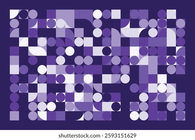 An abstract geometric composition with squares, circles, and semi-circles in various shades of purple. The structured yet dynamic arrangement creates a modern, futuristic, and artistic visual.