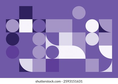 An abstract geometric composition with squares, circles, and semi-circles in various shades of purple. The structured yet dynamic arrangement creates a modern, futuristic, and artistic visual.