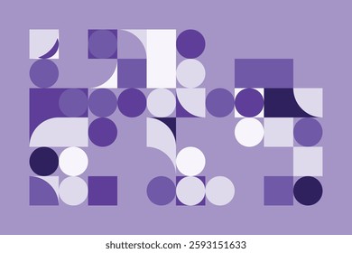 An abstract geometric composition with squares, circles, and semi-circles in various shades of purple. The structured yet dynamic arrangement creates a modern, futuristic, and artistic visual.